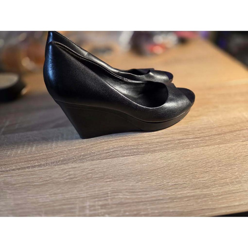 Cole Haan Black Leather Peep Toe Wedge Platform Pumps Womens 9B